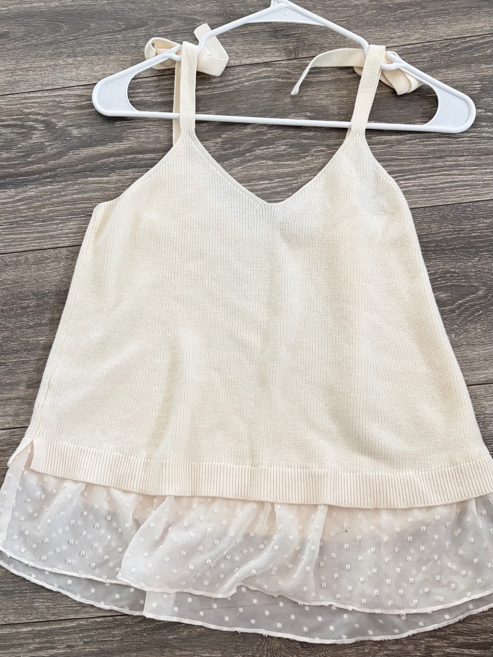 LOFT Cream Tie-Shoulder Knit Camisole with Swiss Dot Hem
